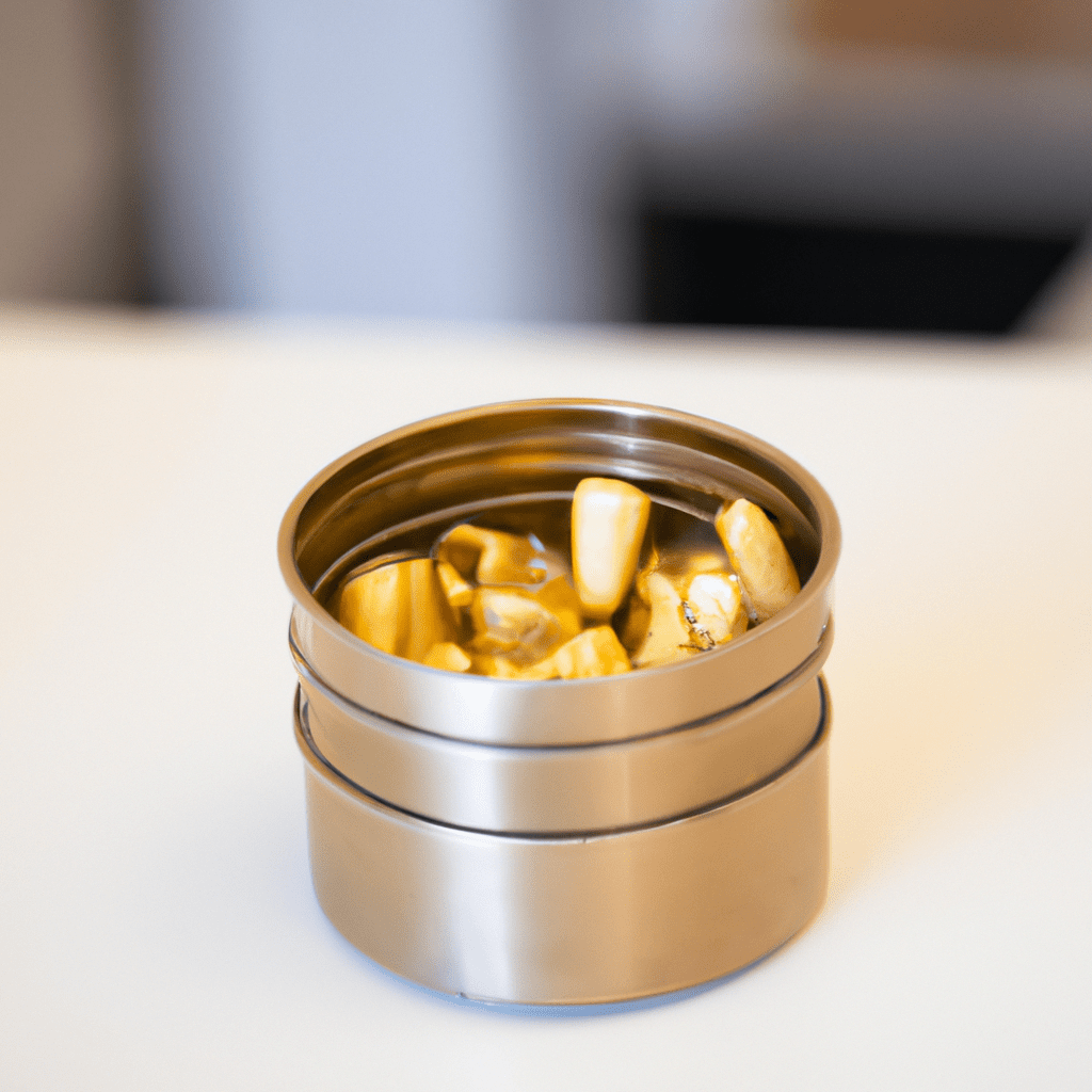 dental crowns with gold inside teeth in a plastic jar for refining, metal at a dentists office